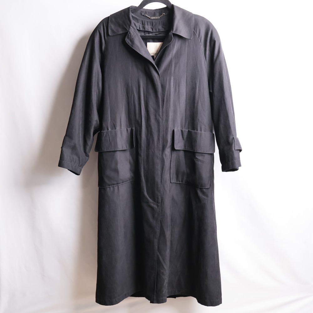 London Fog Black Long‎ Trench Coat Rain Jacket Petite Small Lined Full Length
